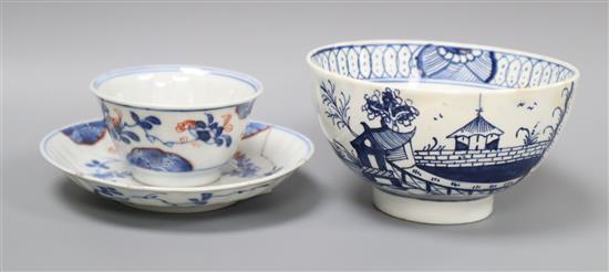 A late 18th century Liverpool blue and white sugar bowl and a Chinese teabowl and saucer